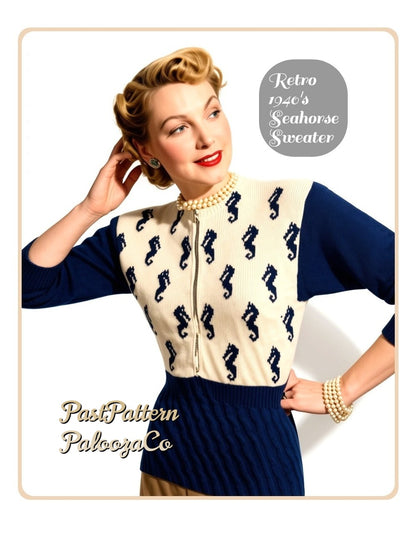 Vintage Knitting Pattern Womens Seahorse Sweater PDF Instant Digital Download Retro 40s Sea Horse Motif Jumper Pullover
