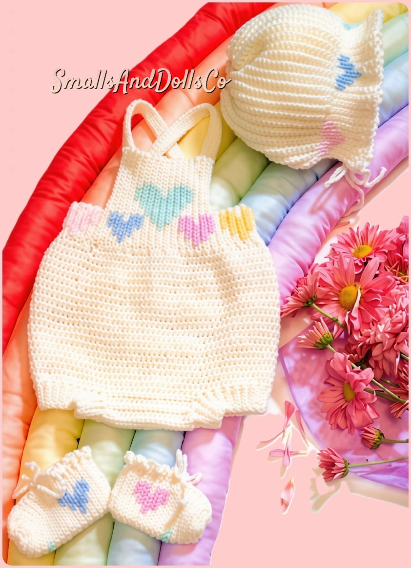 Vintage Crochet Pattern Baby Summer Romper Set Hearts Bubble Romper Bonnet Booties Outfit PDF Instant Digital Download 0-6 months 5 Ply