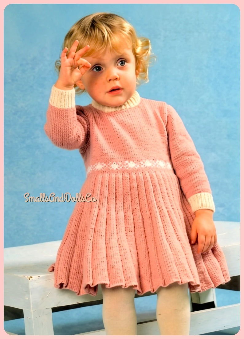 Vintage Knitting Pattern Toddler to Little Girl Classic Pleated Dress PDF Instant Digital Download Long Sleeves Pleated 18m- 7 yrs DK