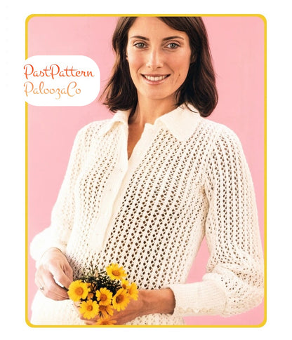 Vintage Knitting Pattern Womens Button Down Boyfriend Shirt PDF Instant Digital Download Lacy White