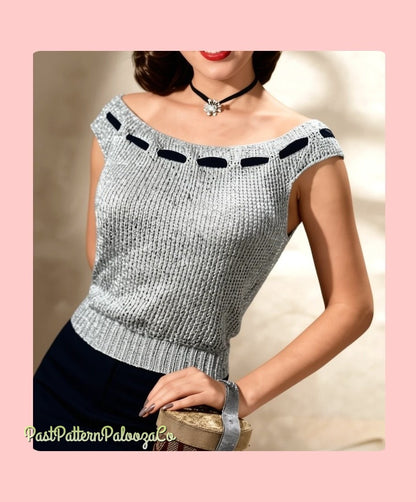 Vintage Knitting Pattern Womens Evening Ribbon Yoke Top Retro Elegant Sleeveless MCM PDF Instant Digital Download Retro 50s