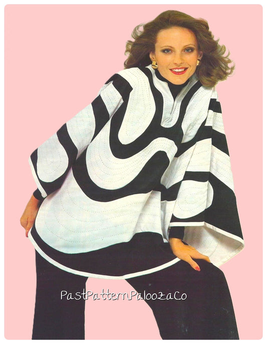 Vintage Sewing Pattern Womens Quilted Gabardine Fabric Poncho PDF Instant Digital Download Retro 70s Appliqued Black White Mod Hippie Chic