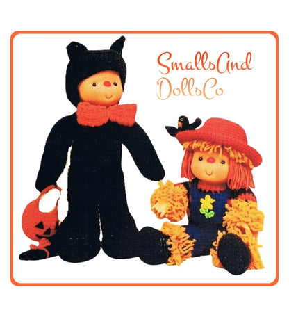 Vintage Crochet Pattern 14" Halloween Scarecrow Black Cat Yarn Head Dolls PDF Instant Digital Download Retro 1980s 10 Ply