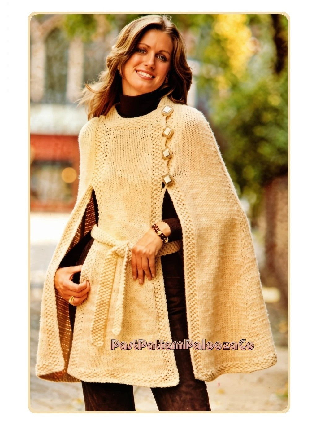 Vintage Knitting Pattern Womens Belted Poncho Cape PDF Instant Digital Download Retro Moss Stitch Panel Coat Cape