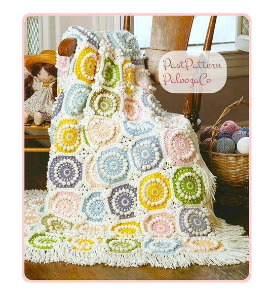 Vintage Crochet Pattern Snowy Pastel Popcorn Medallions Afghan PDF Instant Digital Download Retro Motifs