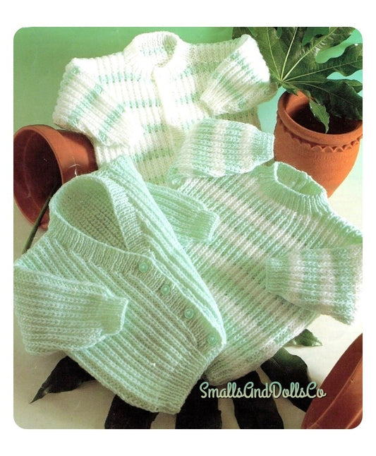 Vintage Knitting Pattern Baby Ribbed Cardigan Pullover Sweaters Solid & Striped PDF Instant Digital Download 0- 24m DK