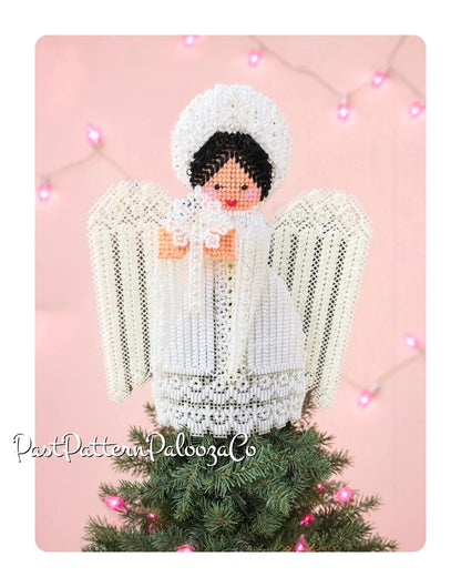 Vintage Plastic Canvas Pattern 12" Lacy Angel Christmas Tree Topper PDF Instant Digital Download Pearl Beads 7 Count