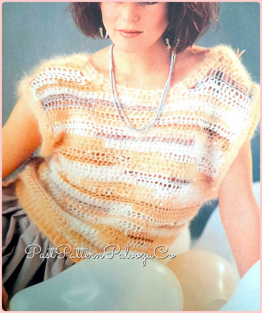 Vintage Crochet Pattern Womens Airy Mohair Mixture Top PDF Instant Digital Download Retro 80s Dressy Beaded Quick Easy Short Sleeved Blouse