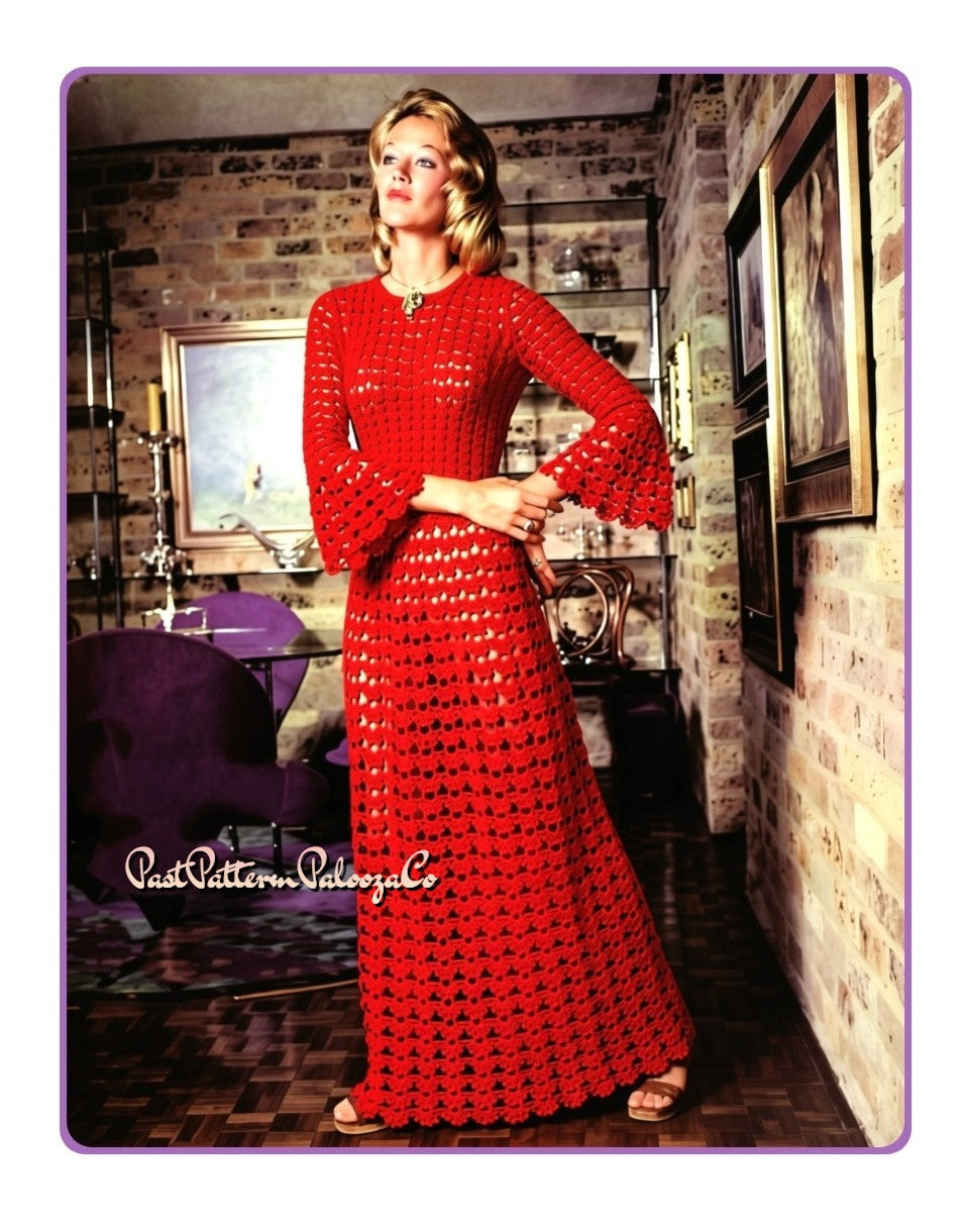 Vintage Crochet Pattern Womens Lacy Romantic Gala Maxi Dress PDF Instant Digital Download Long Elegant Party or Wedding Gown Bell Sleeves