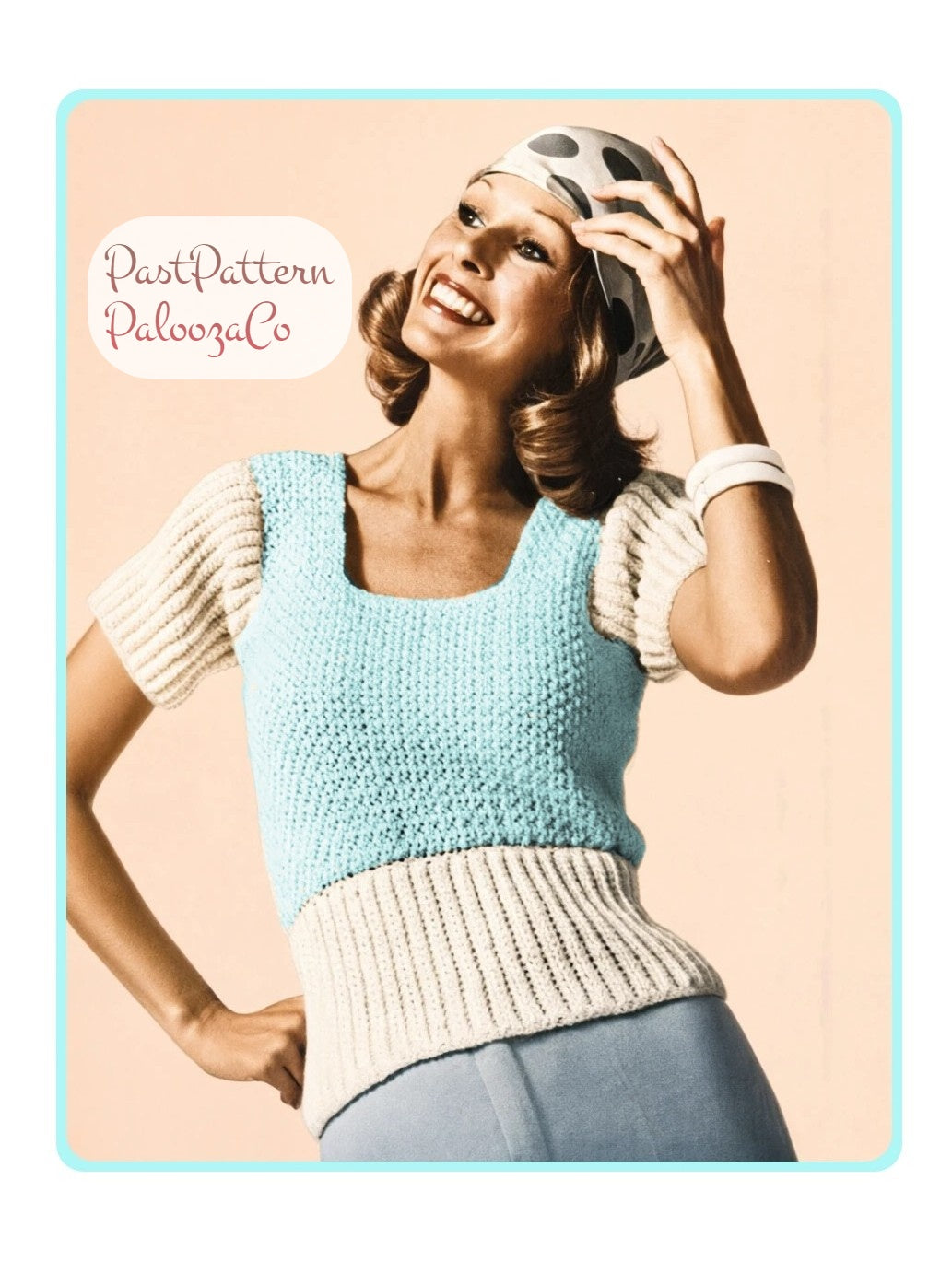 Vintage Crochet Pattern Womens Simple Two Tone Top PDF Instant Digital Download Ribbed Waist Retro 70s