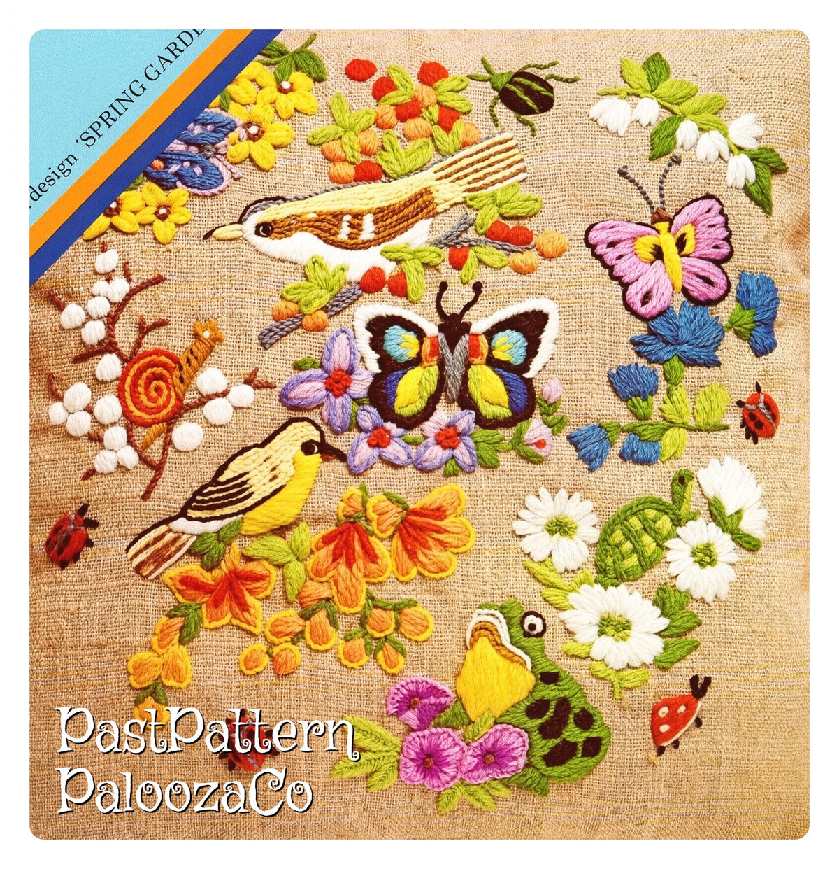 Vintage Crewel Embroidery Pattern Spring Garden Animals Flower Blossoms Birds Bugs  PDF Instant Digital Download