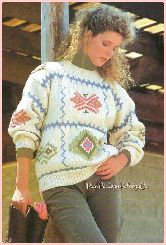 Vintage Knitting Pattern Womens Santa Fe Motif Pullover Sweater PDF Instant Digital Download Geometric Southwestern Style Jumper 10 Ply
