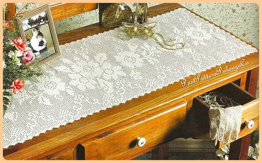 Vintage Filet Crochet Pattern 40" Pretty Flowers Floral Table Runner PDF Instant Digital Download White Cotton Thread Dresser Scarf Decor