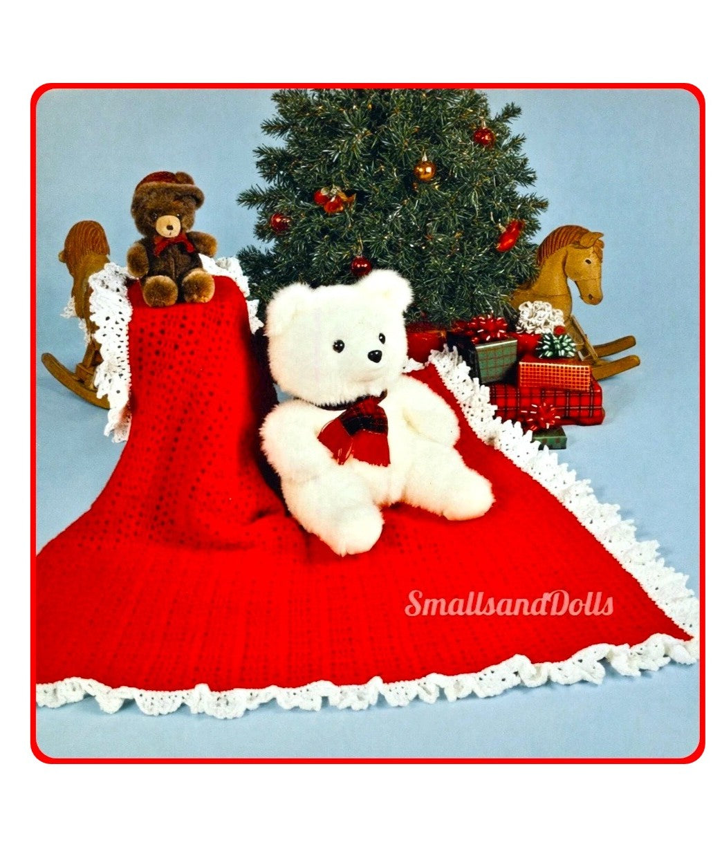 Vintage Crochet Pattern Babys First Christmas Afghan Shell Stitch Lacy Ruffle Edge PDF Instant Digital Download 41x41 10 Ply