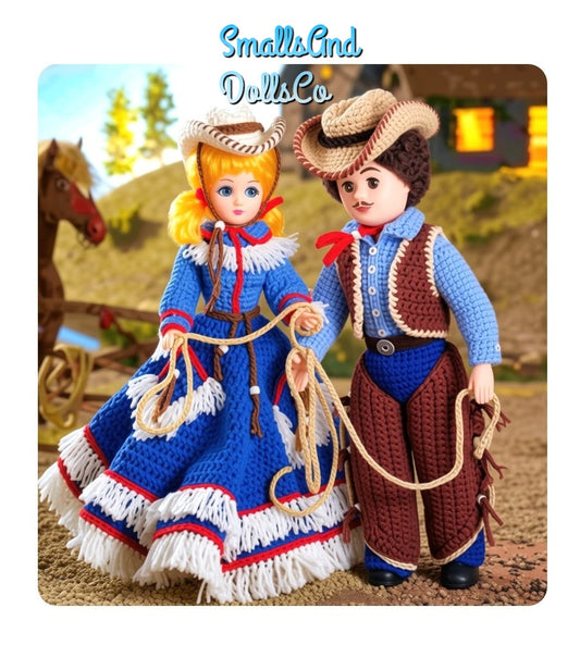 Vintage Crochet Pattern 15" Western Cowboy Cowgirl Dolls PDF Instant Digital Download Wild West Fashions Dress Chaps Hats