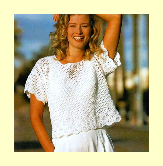 Vintage Crochet Pattern Womens Lacy Short Sleeve Summer Tee Top PDF Instant Digital Download Pretty Retro Loose Fit Blouse T-Shirt 4 Ply