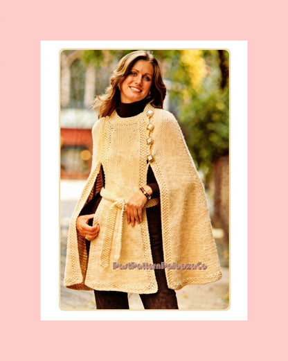 Vintage Knitting Pattern Womens Belted Poncho Cape PDF Instant Digital Download Retro Moss Stitch Panel Coat Cape