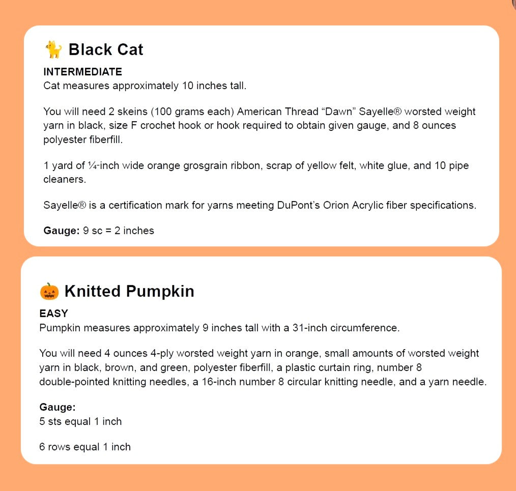 Vintage Halloween Knitting & Crochet Pattern 10" Black Cat Soft Doll and Jack-O-Lantern Pumpkin PDF Instant Digital Download