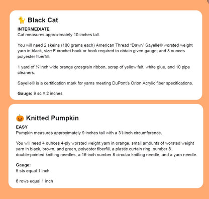 Vintage Halloween Knitting & Crochet Pattern 10" Black Cat Soft Doll and Jack-O-Lantern Pumpkin PDF Instant Digital Download