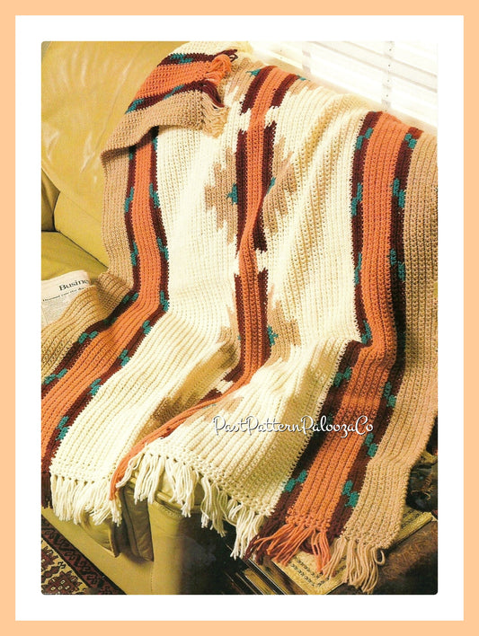 Vintage Crochet Afghan Pattern Striped Navajo Indian Blanket PDF Instant Digital Download Southwestern Throw 10 Ply