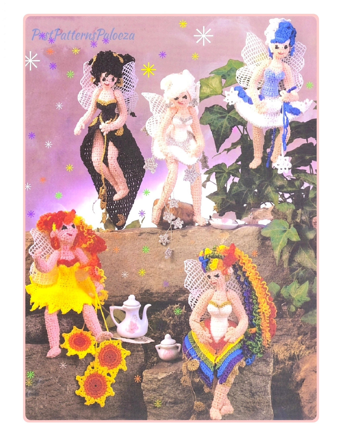 Vintage Crochet Pattern 8" Fairy Fashion Dolls PDF Instant Digital Download Soft Toy Amigurimi Fairies