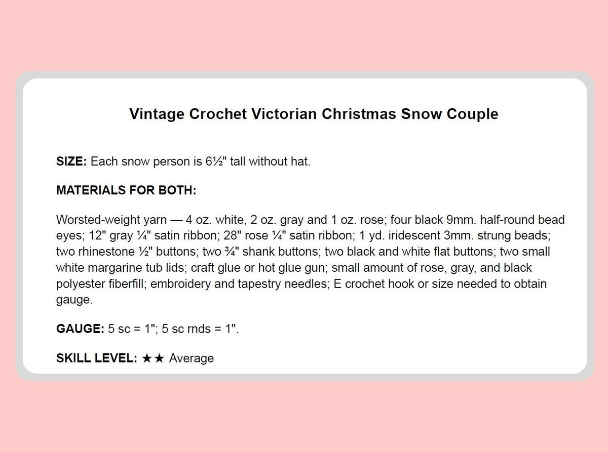 Vintage Christmas Crochet Pattern 6" Victorian Snowman Couple Soft Toy Dolls PDF Instant Digital Download