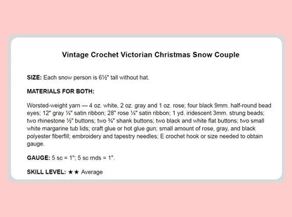 Vintage Christmas Crochet Pattern 6" Victorian Snowman Couple Soft Toy Dolls PDF Instant Digital Download