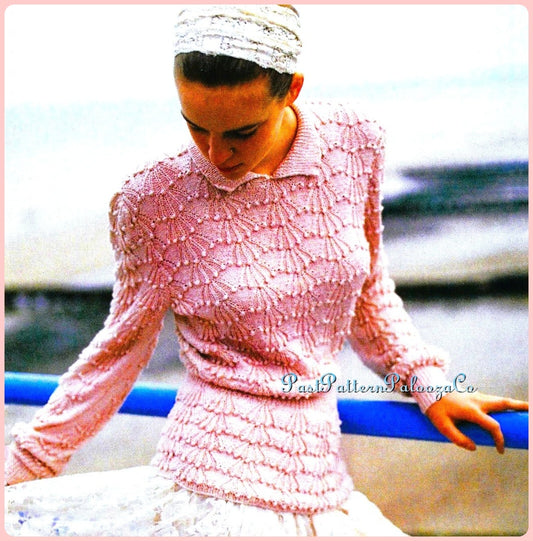 Vintage Knitting Pattern Womens Romantic Fan Bobble Sweater PDF Instant Digital Download Retro Ladies Feminine Collared Pullover Jumper
