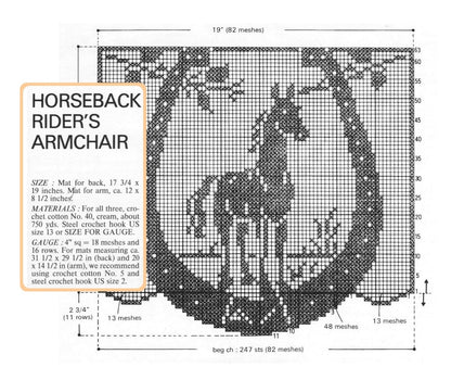 Vintage Filet Crochet Pattern 18" Horses Centerpiece Armchair Mat Doily Set PDF Instant Digital Download Horseback Rider Equestrian Lovers