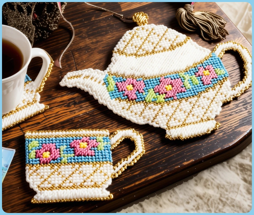 Vintage Plastic Canvas Pattern Floral Teacup Teapot Coasters and Trivet Set PDF Instant Digital Download Drink Coasters Hot Plate 7 Mesh