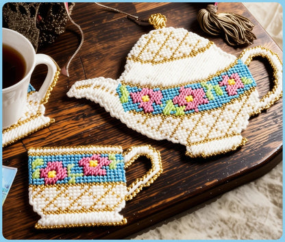 Vintage Plastic Canvas Pattern Floral Teacup Teapot Coasters and Trivet Set PDF Instant Digital Download Drink Coasters Hot Plate 7 Mesh