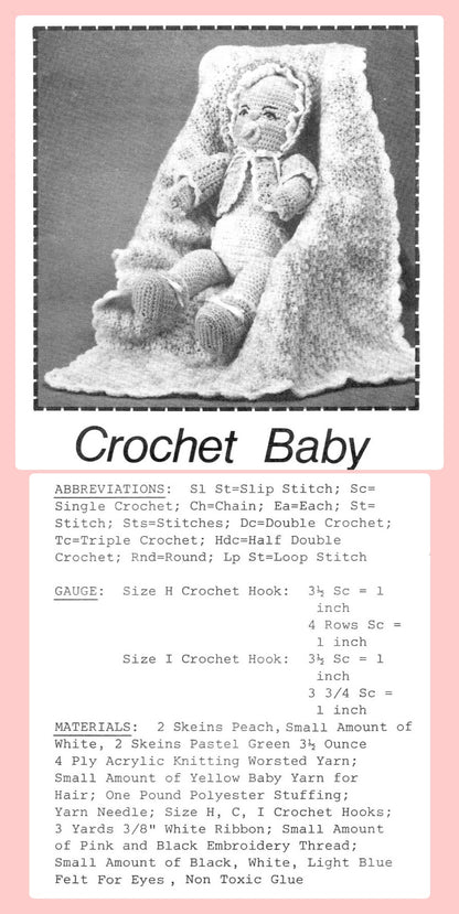 Vintage Crochet Pattern Complete Baby Doll Pacifier Bonnet Clothing and Blanket Set PDF Instant Digital Download Soft Stuffed Toy Dolly