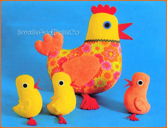 Vintage Sewing Pattern 12" Henrietta Hen and Her 5" Chicks Soft Fabric Toy Dolls PDF Instant Digital Download Cute Retro Chicken Family