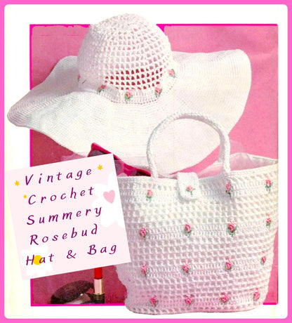 Vintage Crochet Pattern Womens Floppy Rosebud Beach Hat and Bag Tote PDF Instant Digital Download Retro Feminine Romantic Summer Set Cotton