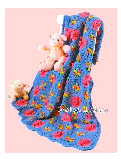 Vintage Crochet Pattern Pigs & Posies Afghan Kids Toddler PDF Instant Digital Download Piggy Faces Motifs Flower Granny Square Blanket 43x60