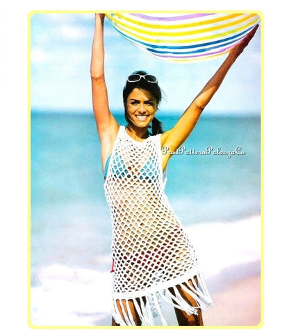 Vintage Crochet Pattern Womens Mesh Lace Beach Dress Cover Up Tasseled Tunic PDF Instant Digital Download Retro Boho Summer Swimsuit Top