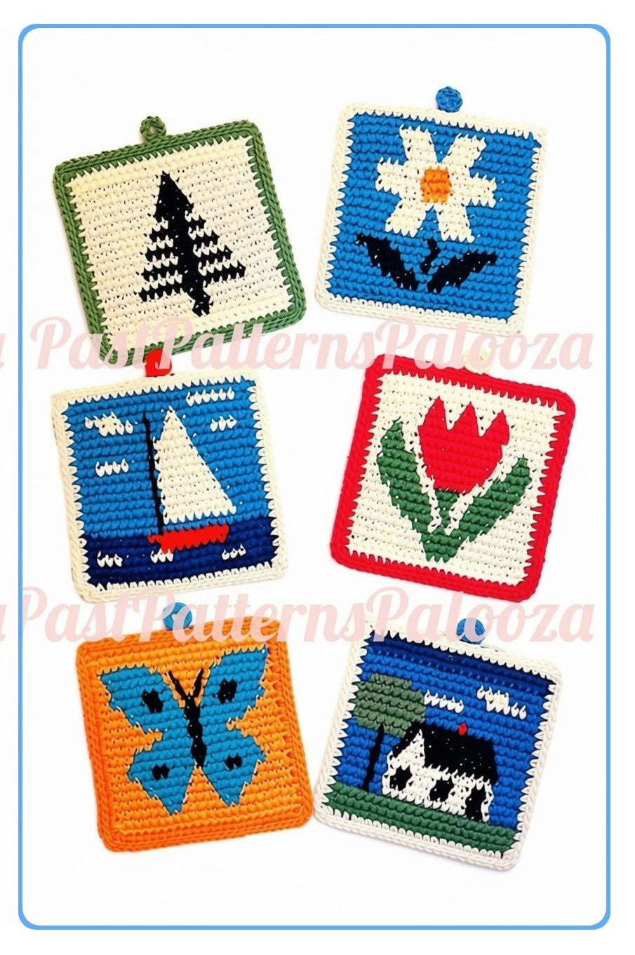 Vintage Crochet Pattern Retro Picture Pot Holders PDF Instant Digital Download Flowers Sailboat Butterfly House Potholders Easy Beginners