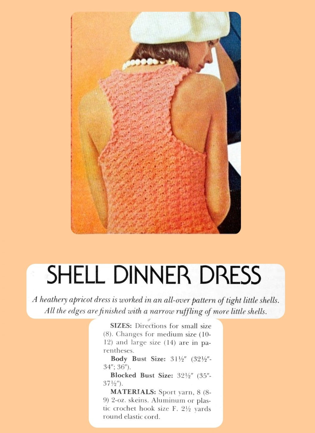 Vintage Crochet Pattern Womens Apricot Shells Midi Dinner Dress PDF Instant Digital Download Retro Ruffle Edge Gown '60s Glam 5 Ply
