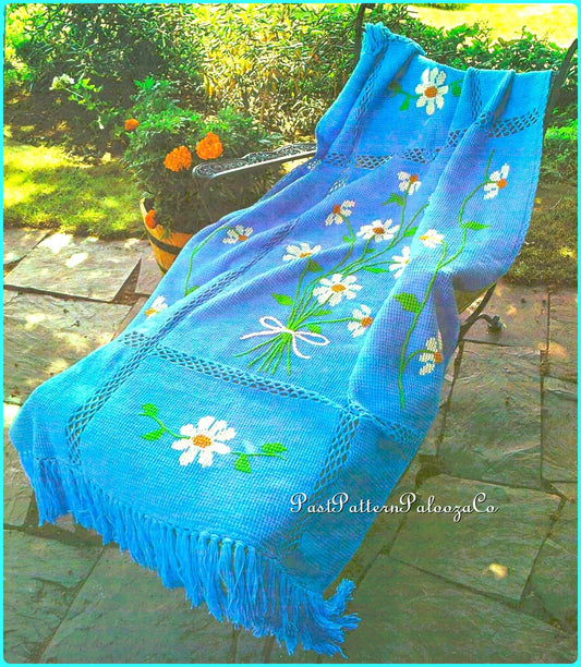 Vintage Crochet Afghan Pattern Daisies Flowers Blanket Tunisian Stitch PDF Instant Digital Download Embroidered Floral Motif Design