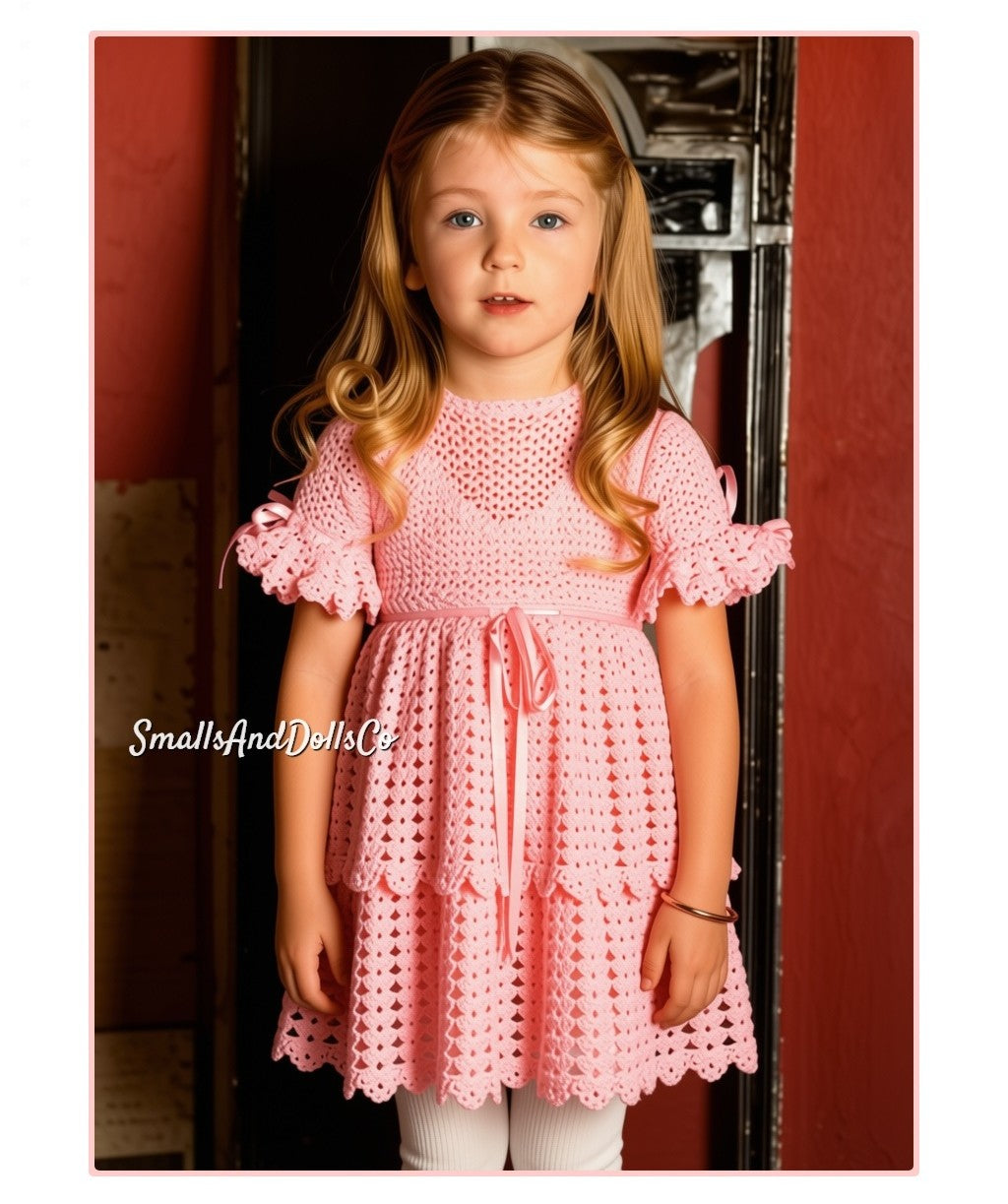 Vintage Crochet Pattern Girls Frilly Party Dress PDF Instant Digital Download Ruffled Cap Sleeves Ribbon Waist 2-7 years 3 Ply
