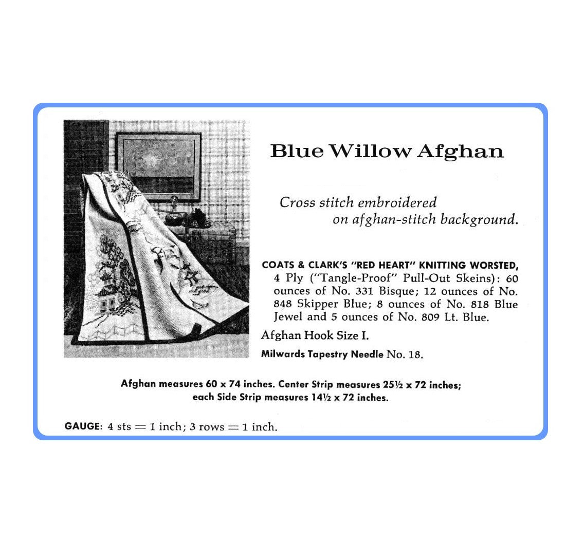 Vintage Crochet Afghan Pattern Blue Willow China Tunisian Stitch PDF Instant Digital Download Cross Stitched Ancient Chinese Scenery Motifs