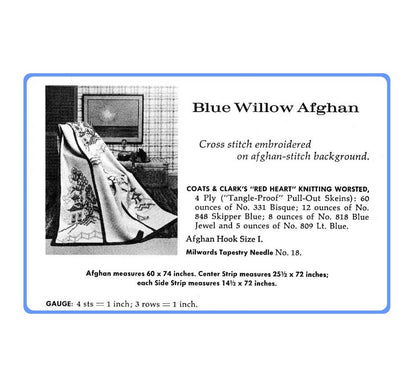 Vintage Crochet Afghan Pattern Blue Willow China Tunisian Stitch PDF Instant Digital Download Cross Stitched Ancient Chinese Scenery Motifs