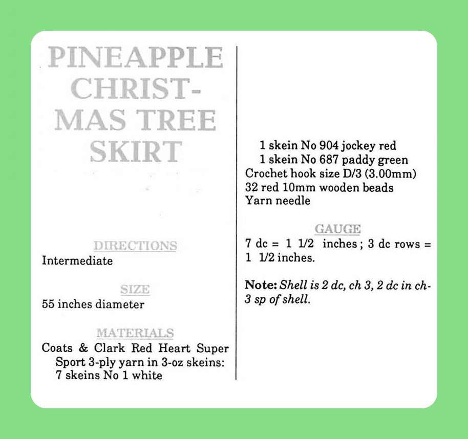 Vintage Crochet Pattern 55" Pretty Pineapples Christmas Tree Skirt PDF Instant Digital Download 3 Plied Worsted