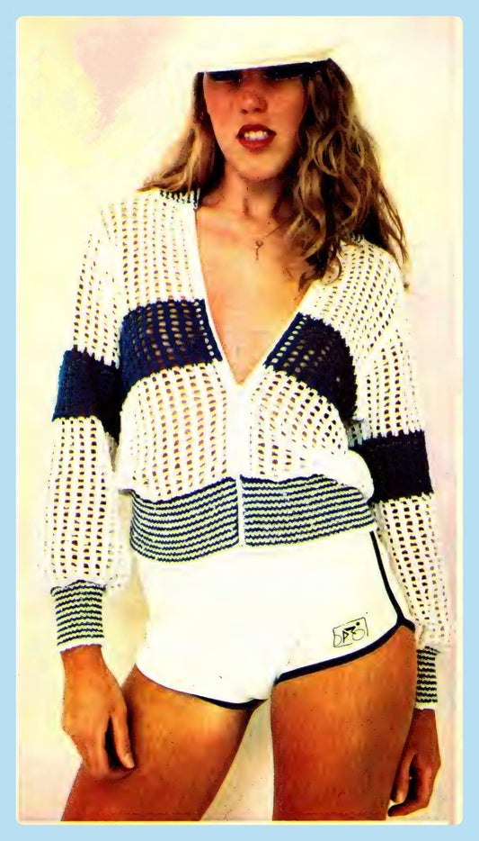 Vintage Knitting Pattern Womens Sporty Mesh Spring Jacket PDF Instant Digital Download Zip Up Lacy Striped Sweater Jacket 4 Ply Retro 80s