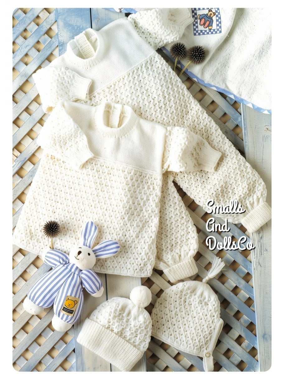 Vintage Knitting Pattern Baby Dress Romper Hat Bonnet Set PDF Instant Digital Download Preemie - 2 yrs 4 Ply