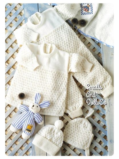Vintage Knitting Pattern Baby Dress Romper Hat Bonnet Set PDF Instant Digital Download Preemie - 2 yrs 4 Ply