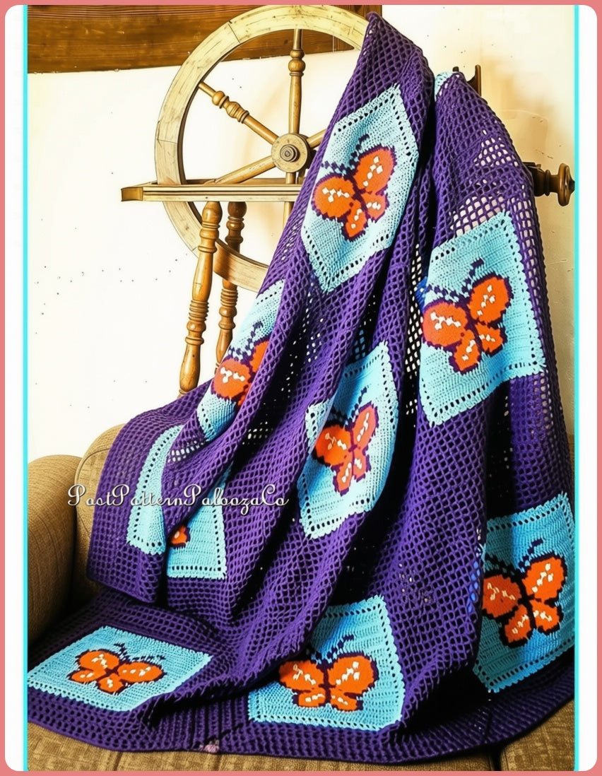 Vintage Crochet Pattern Retro Butterfly Squares Afghan PDF Instant Digital Download Net Filet Throw Butterflies Blanket 49x66 5 Ply
