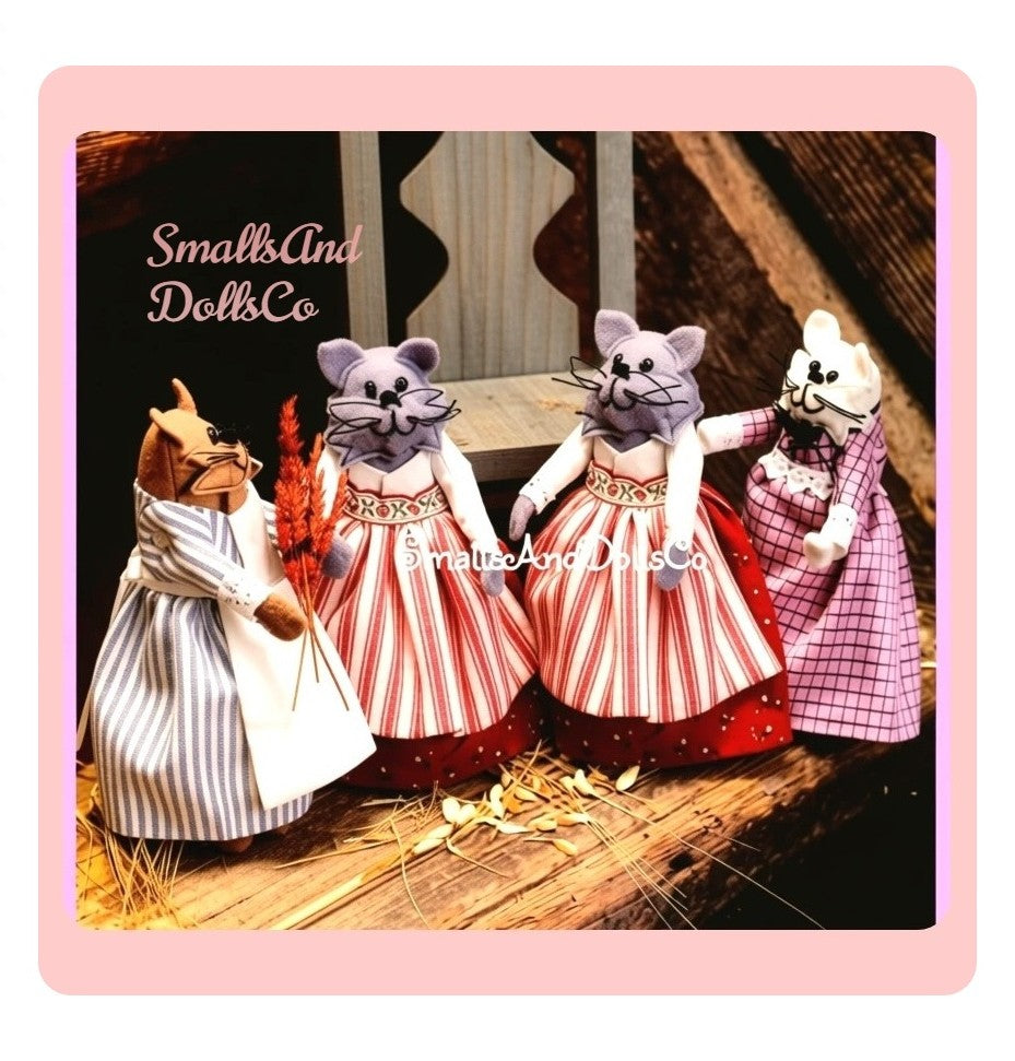 Vintage Sewing Pattern Mini 6" Country Kittens Kitty Cat Maidens Soft Toy Dolls Felt Fabric PDF Instant Digital Download