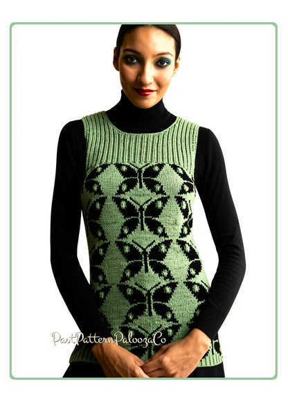 Vintage Knitting Pattern Womens Butterfly Vest Fair Isle Butterflies Ribbed Yoke PDF Instant Digital Download Retro Boho Chic 4 Ply