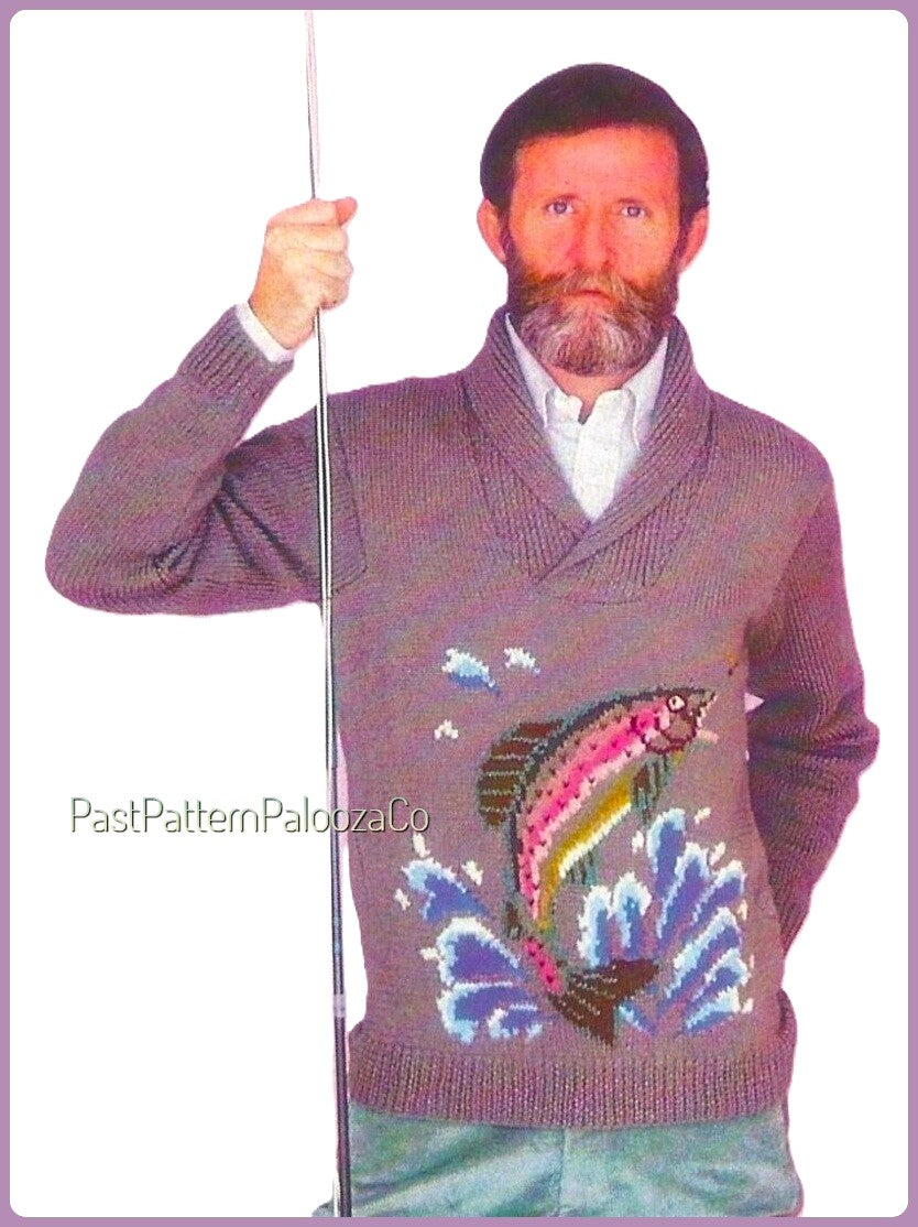 Vintage Knitting Pattern Mens Rainbow Trout Fishing Sweater Pullover Crossover Neck PDF Instant Digital Download Fishermans Delight DK Yarn